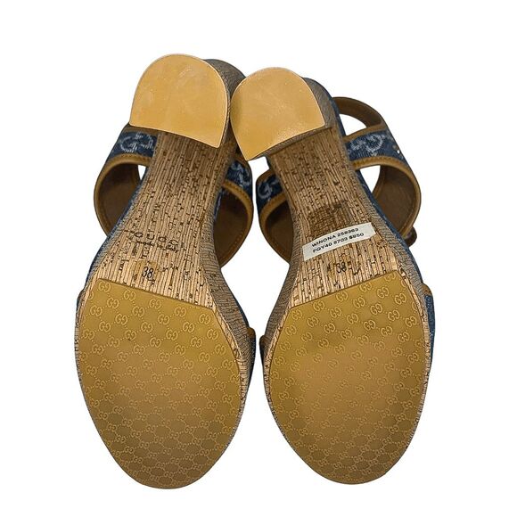 Gucci Double GG Logo Canvas Platform Sandal EU 38 US 8 Blue Slingback High Heel - Picture 10 of 12